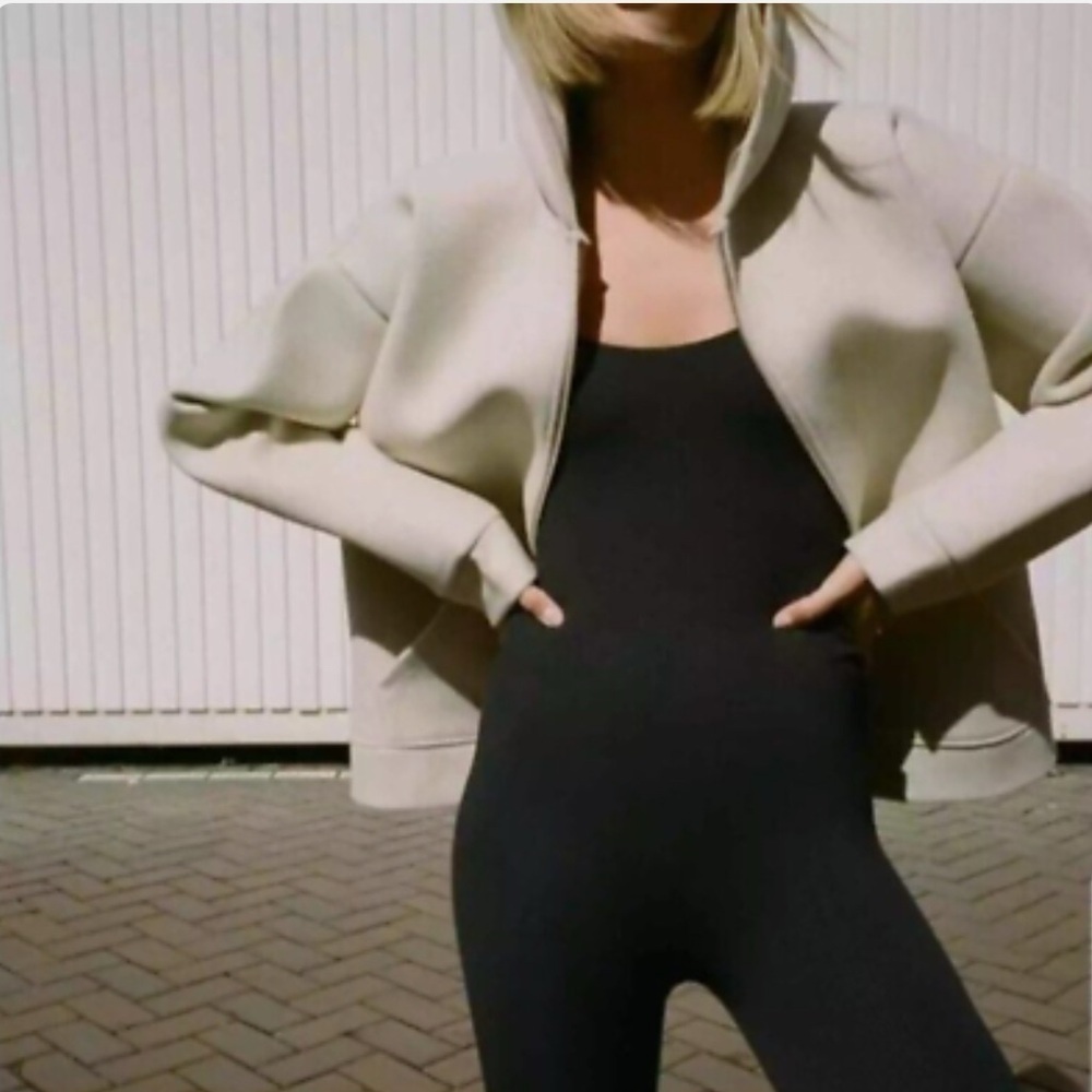 ZARA SOFT NEOPRENE Effect Bomber Jacket Hooded pockets lightweight thick Fleece